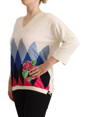 Multicolor Floral Cashmere Cotton Pullover Sweater