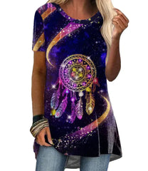 تي شيرت كاجوال برقبة كرو برقبة عرقية بطبعة عتيقة بأكمام قصيرة