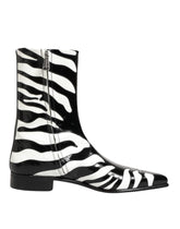 Black White Zebra Leather Mid Calf Boots Shoes