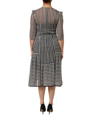 Black White Stripes Silk V-neck Midi Dress