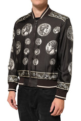 Black "Monete" Coin Print Silk Bomber Jacket