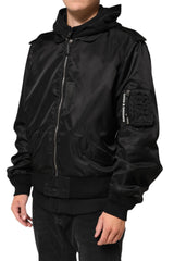 Black Cotton Hooded Full Zip Bomber Jacket
