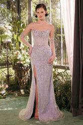 فستان أزرق فاتح مطرز بالخرز وتنورة علوية من التل القابل للإزالة-0