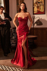 Strapless Fitted Satin & Lace Gown-0