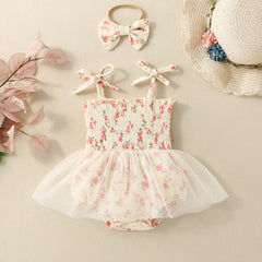 Baby Girl Flower Print Sling Triangle Rompers Tulle Skirt