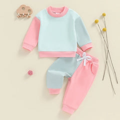 Children's Minimalist And Versatile Color Blocking Long Sleeved Set