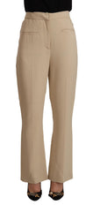 Beige Viscose High Waist Flared Dress Trouser Pants