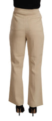Beige Viscose High Waist Flared Dress Trouser Pants