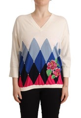 Multicolor Floral Cashmere Cotton Pullover Sweater