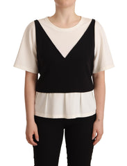 Black White Polyester Short Sleeves Top Blouse