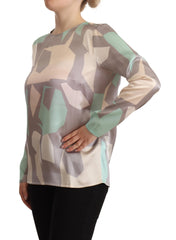 Multicolor Silk Long Sleeves Round Neck Top Blouse