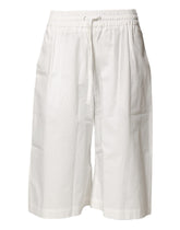 White Cotton High Waist Wide Leg Straight Bermuda Shorts
