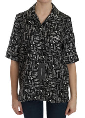 Black Musical Instrument Print Silk Top