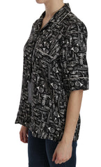 Black Musical Instrument Print Silk Top