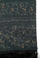 Green Silk Floral Pattern Fringed 135cm X 16cm Scarf