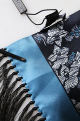 Black Blue Silk Floral Pattern Fringe 140cm x 16cm Scarf
