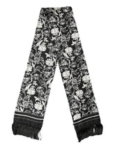 Black White Silk Floral Print Fringe 136cm X 15.5cm Scarf