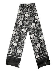 Black White Silk Floral Print Fringe 136cm X 15.5cm Scarf