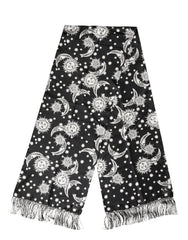 Black Silk Sun Moon Star Fringe Foulard 178cm X 33cm Scarf