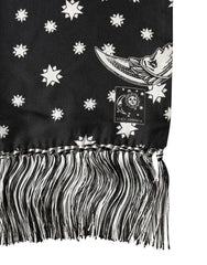 Black Silk Sun Moon Star Fringe Foulard 178cm X 33cm Scarf