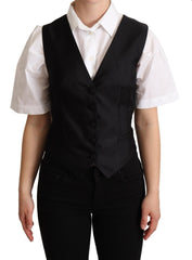 Solid Black Silk Sleeveless Waistcoat Vest Top