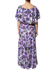 Purple Floral Silk Stretch Elegant Gown Dress