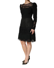 Black Lace Sheer Panel Midi Long Sleeve Dress