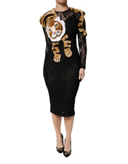 Black Lace Faux Fur Tiger Appliqué Sheath Dress