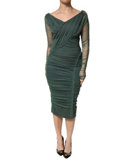 Green Ruched Mesh Sheer Sleeves Midi Dress