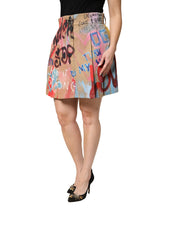 Beige Graffiti Print Cotton Blend Mini Skirt