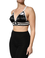 Black Floral Silk Satin Crop Logo Bralette Top