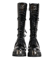 Black Leather Knee High Combat Boots Shoes