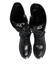 Black Leather Knee High Combat Boots Shoes
