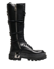 Black Leather Knee High Combat Boots Shoes