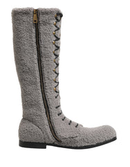 Gray Shearling Lace Up Knee High Boots Shoes
