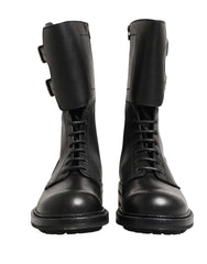 Black Leather Belted Buckle Combat Boots Shoes