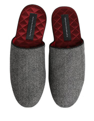 Grey Herringbone Cashmere Red Slippers Shoes