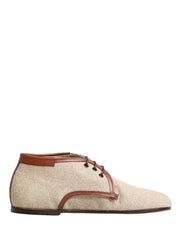 Beige Canvas Lace-Up Men Dress Derby Shoes