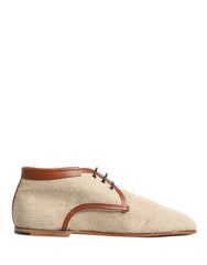 Beige Canvas Leather Trim Dress Derby Shoes