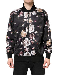 Black Floral Polyester Full Zip Bomber Jacket
