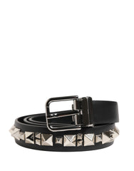 Black Leather Studded Silver Tone Buckle Belt