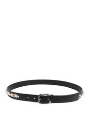 Black Leather Studded Silver Tone Buckle Belt