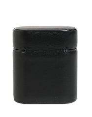 Black Calf Leather Logo Print Flip Holder Airpods Case