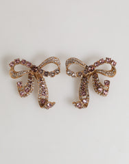 Gold Brass Pink Clear Crystal Bow Fiocchi Christmas Earrings