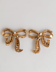 Gold Brass Pink Clear Crystal Bow Fiocchi Christmas Earrings