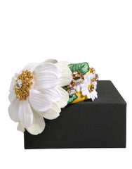 White Yellow Silk Blend Floral Crystals Diadem Headband