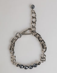 Silver Tone Chain Lobster Clasp Logo Gray Pearls Bracelet