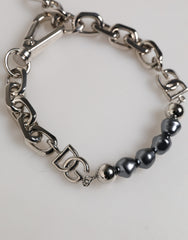 Silver Tone Chain Lobster Clasp Logo Gray Pearls Bracelet