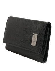 Black Leather Silver Metal Logo Plaque Trifold Keyring