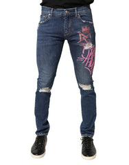 Blue Distressed Graffiti Print Skinny Jeans